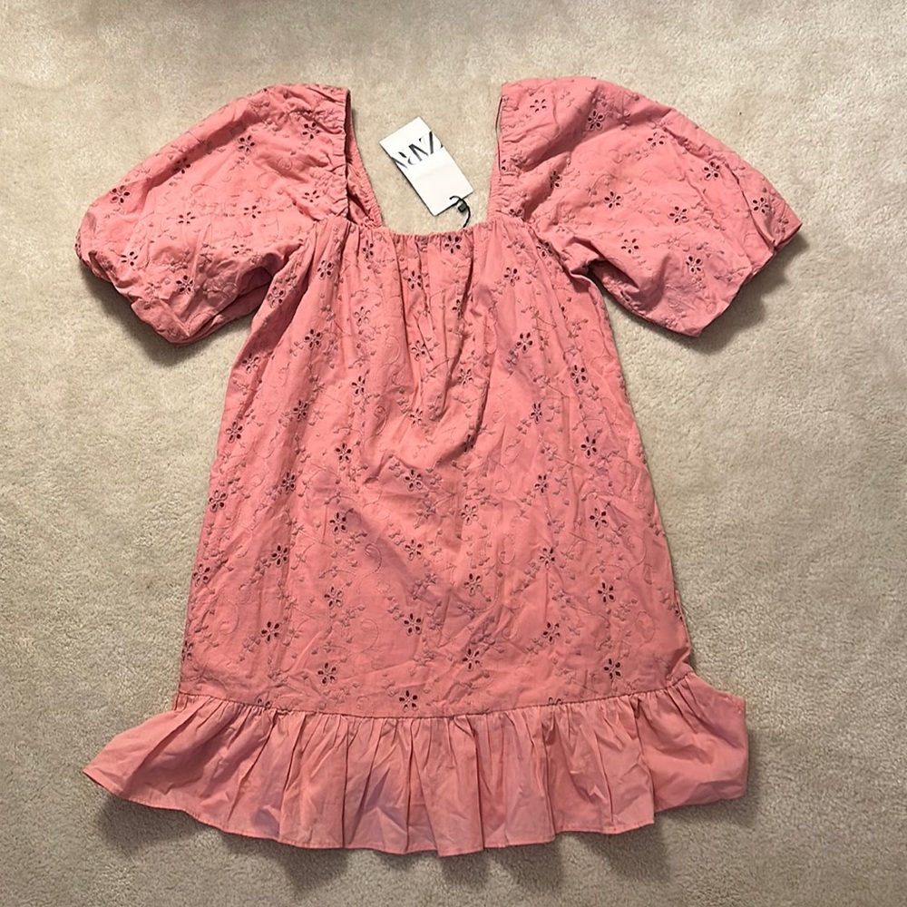 Zara Openwork Embroidered Mini Dress in Pink